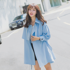 2016秋装新品韩版薄款系带双排扣中长款宽松大码天蓝色风衣外套女