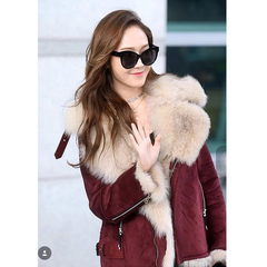 2016冬季新款郑秀妍同款韩版女装鹿皮绒真毛领外套SALE33-661