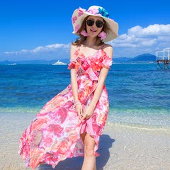 夏波西米亚印花吊带长裙露肩雪纺连衣裙显瘦不规则海边度假沙滩裙