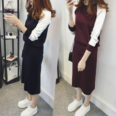 2016秋季新款女装韩版时尚小香风长袖针织衫休闲包臀套装裙两件套