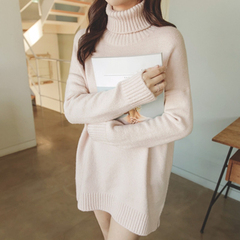 韩版2016新款冬季加厚款高领长袖宽松女毛衣套头纯色中长款针织衫
