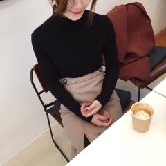 [ELINALADY]2016冬季韩系新款小气质两粒扣前开叉毛呢中长裙女裙