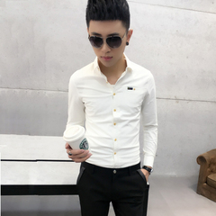 男士韩版修身长袖衬衫 新款纯色青年休闲衬衣潮男棉麻夜店寸衫