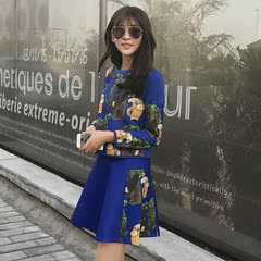 韩版2017新款春装女装印花休闲上衣A字裙半身裙两件套时尚套装裙