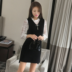 韩版2017春装新款女装蕾丝上衣七分袖打底衫背带裙连衣裙两件套潮