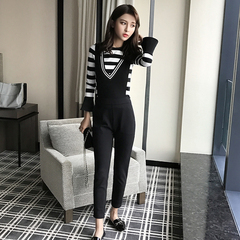 韩版秋冬女装黑白条纹喇叭袖上衣背带裤两件套套装裤时尚潮时尚