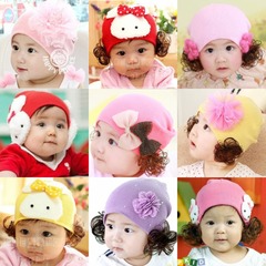 女宝宝假发帽子秋冬季针织毛线帽韩版可爱公主帽0-1-2岁婴儿胎帽