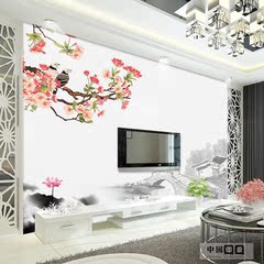 中式客厅沙发电视背景墙纸壁画 3d无纺布壁纸无缝墙布山水花鸟画