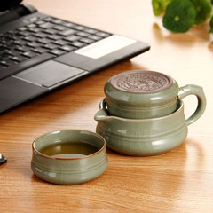 御居 哥窑快客杯 陶瓷功夫旅行茶具青瓷盖碗茶壶 一壶二杯 璃龙