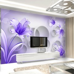 3d现代简约壁纸百合花客厅沙发电视背景墙纸无缝大型壁画紫色之恋