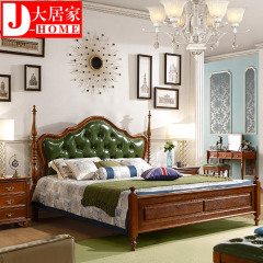 美式床实木床1.5米 深色高箱储物婚床双人床简约美式真皮床1.8米
