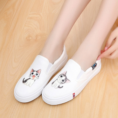 秋季韩版低帮平跟女学生休闲白色猫咪平底涂鸦帆布鞋一脚蹬懒人鞋