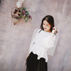 2016秋季女装韩版圆领灯笼袖前后正反两穿收腰小衫女士棉麻短上衣