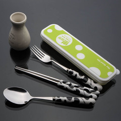 可爱便携式餐具 不锈钢勺子筷子盒子学生旅行套装 儿童叉子三件套