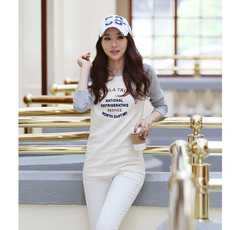 春款2016韩版女装上衣字母印花圆领纯棉长袖t恤女修身上衣打底衫