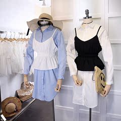 纯色中长款衬衣 短款吊带背心两件套女 2016秋季新款棉质长袖套装