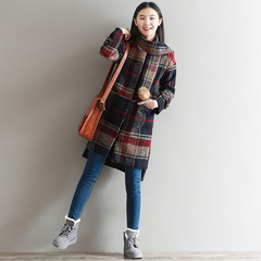 2016秋冬季韩版学院风复古格子中长款毛呢大衣女加棉加厚呢子外套