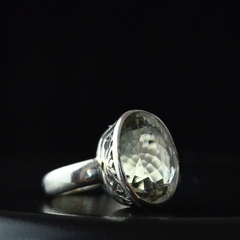尼泊尔手工纯银镶嵌天然托帕绿水晶绿宝石戒指复古镂空雕莲花大气
