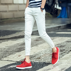 夏季新款男士黑白色条纹九分裤青年修身弹力小脚9分裤韩版潮流薄