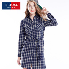 BRIOSO2016新款女中长款小格子衬衫全棉风衣外套长袖显瘦连衣裙