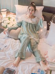 韩国睡衣女家居服秋季薄款休闲套装甜美可爱公主蕾丝花边纯棉睡衣