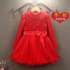 儿童冬款加绒公主裙女童装长袖女童连衣裙加厚红色蓬蓬纱裙子礼服