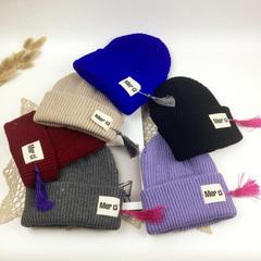 韩版新款流苏毛线帽秋冬女潮流字母贴布纯色保暖护耳针织帽包头帽