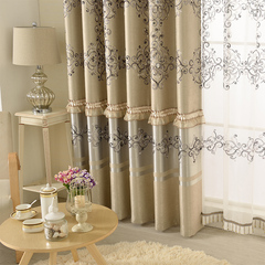 暖房子客厅卧室遮光布料定制简约现代欧式蕾丝绣花成品落地飘窗帘