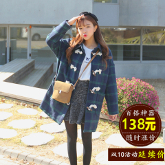 【天天特价】16秋冬毛呢大衣女中长款韩版学生格子牛角扣加厚外套