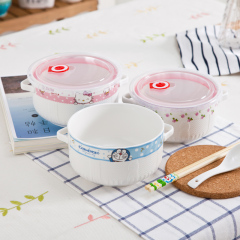创意日式韩式卡通可爱陶瓷餐具泡面碗套装大号陶瓷碗带盖方便面碗