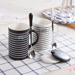 欧式创意黑白条纹情侣杯子陶瓷水杯马克杯咖啡杯子牛奶杯带盖带勺