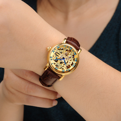 欧亚利正品真皮带全自动机械表时尚女士手表防水金色腕表 休闲
