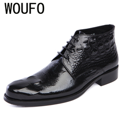 WOUFO韩版男短靴子鳄鱼纹商务男靴 英伦尖头皮靴户外马丁靴牛皮靴
