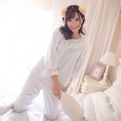 韩版冬季睡衣女冬法兰绒双面绒保暖加厚可爱甜美蕾丝公主睡衣套装