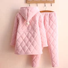 冬季时尚韩版收腰款中长款连帽耐脏珊瑚绒贝贝绒夹棉睡家居服套装