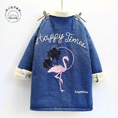 芮儿宝贝女童韩版童装2016冬季儿童中长款刺绣羊羔绒牛仔外套