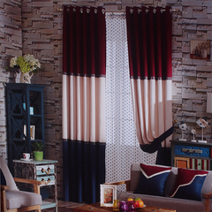 现代简约红蓝白三色拼接粗麻布窗帘客厅卧室飘窗落地窗帘定制成品