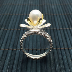 925纯银镶嵌天然淡水珍珠开口戒指水滴型清新镀金花朵送女友新品
