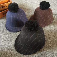 2016韩国秋冬季儿童棒球帽兔毛球男童鸭舌帽新款条纹女童毛呢帽子