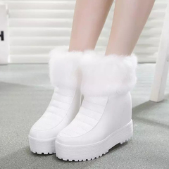冬韩版内增高短靴兔毛雪地靴加绒保暖棉鞋厚底坡跟高跟白色女靴子
