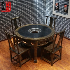 复古实木火锅桌椅组合圆形火锅桌椅组合电磁炉火锅桌燃气火锅桌