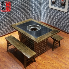 仿古做旧实木火锅桌电磁炉大理石火锅桌椅组合复古火锅桌椅