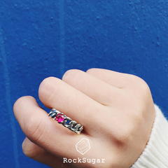 RockSugar925纯银韩国风复古做旧小圆钻黑玛瑙红刚玉链条开口戒指