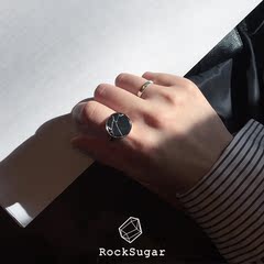 RockSugar925纯银韩国极简约黑白大理石纹松石圆盘男女戒指环情侣