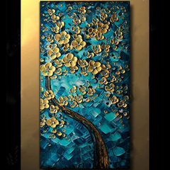 2016款装饰画 客厅现代挂画 油画壁画玄关画 立体蓝色 竖版发财树
