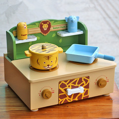 儿童生日礼物 森林动物台式煤气灶台 木制过家家厨房做饭玩具