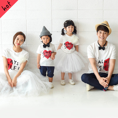 2016韩国亲子装夏装新款一家三口全家装母子母女白色印花短袖T恤