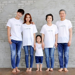 韩国亲子装夏装 母子母女白色印花纯棉T恤爷爷奶奶全家福亲子上衣