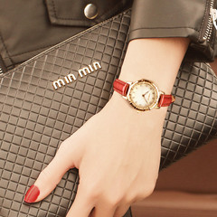正品红色真皮带手表时尚复古表潮流韩版休闲水钻表防水百搭淑女表