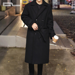 CL/原创 2016秋冬韩版宽松休闲纯色双排扣羊绒呢大衣男长款外套